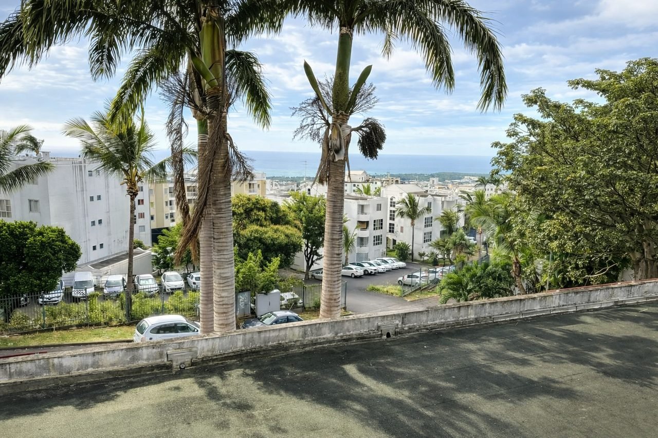 Vue depuis le balcon – palmiers et océan Indien, résidence Basaltyde Sainte-Clotilde